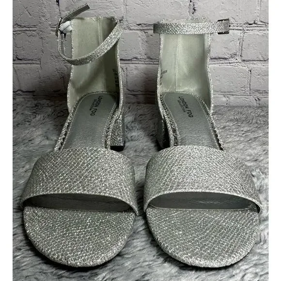 London Fog Nikki Silver Glitter Ankle Strap Block Heels 6.5M Bling Pumps Wedding - Picture 5 of 9